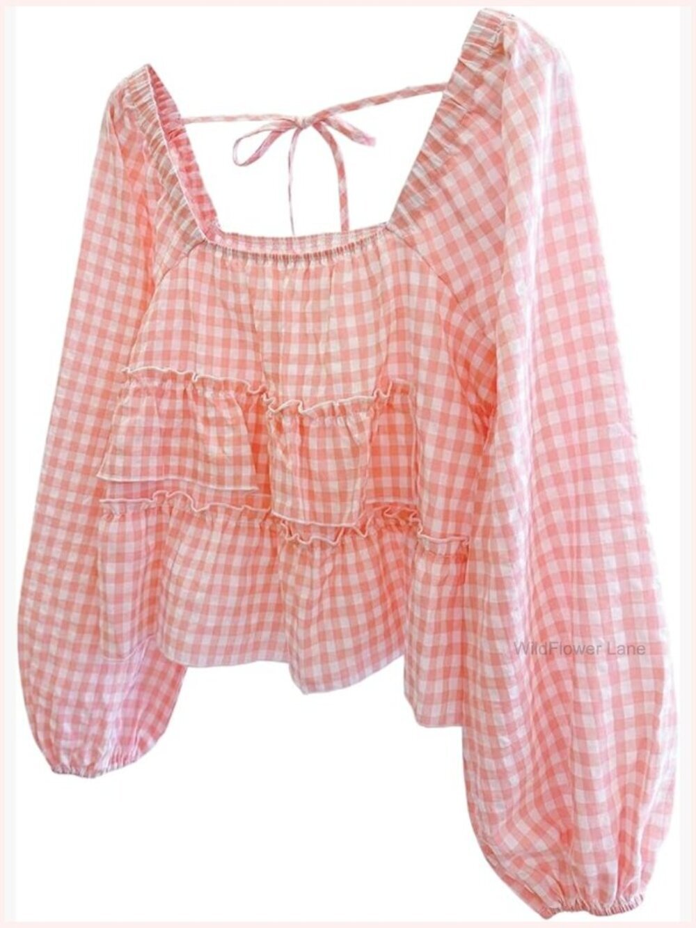 Women's Plaid Puff Sleeve Peplum Blouse Tie Back Top